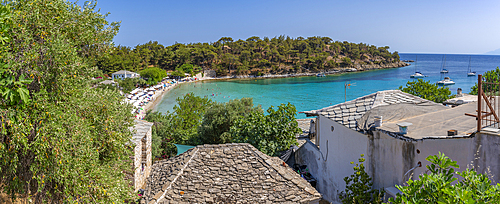 View of sea and beach at Aliki, Aliki, Thassos, Aegean Sea, Greek Islands, Greece, Europe