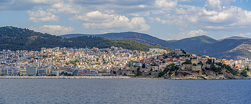 View of Kavala from ferry, Dimos Kavalas, Eastern Macedonia and Thrace, Gulf of Thasos, Gulf of Kavala, Thracian Sea, Greece, Europe