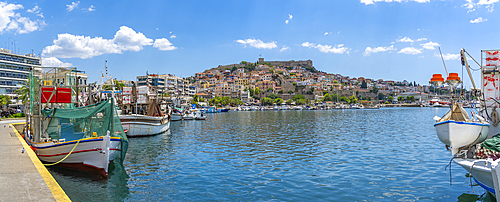 View of Kavala Fortress and boats in the port, Kavala, Dimos Kavalas, Eastern Macedonia and Thrace, Gulf of Thasos, Gulf of Kavala, Greece, Europe