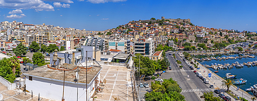 View over roofs of Aqueduct and Kavala Fortress and port from elevated position, Dimos Kavalas, Eastern Macedonia and Thrace, Gulf of Thasos, Gulf of Kavala, Thracian Sea, Greece, Europe