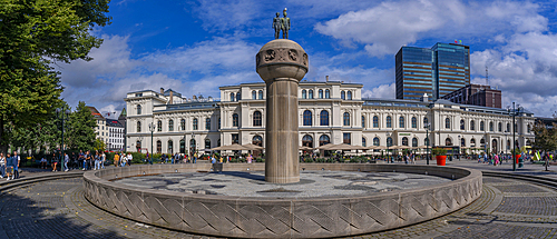 View of Sun and Earth and Grand Central Hotel in Christian Frederiks Plass, Oslo, Norway, Scandinavia, Europe