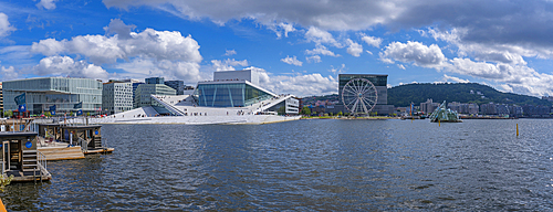 View of Opera House and harbourside saunas, Oslo, Norway, Scandinavia, Europe