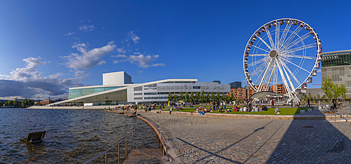 View of Opera Beach, ferris wheel and Opera House on a sunny day, Oslo, Norway, Scandinavia, Europe