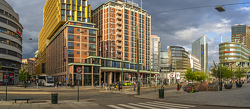 View of buildings, cafes and restaurants in Jernbanetorget, Oslo, Norway, Scandinavia, Europe