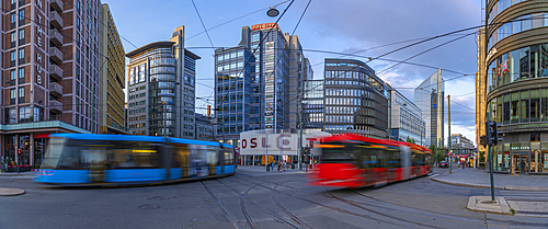 View of buildings and city tram in Jernbanetorget, Oslo, Norway, Scandinavia, Europe