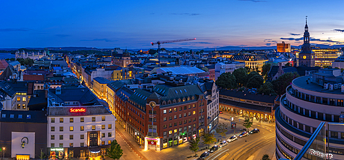 View of Oslo Cathedral and city skyline from elevated position at dusk, Oslo, Norway, Scandinavia, Europe