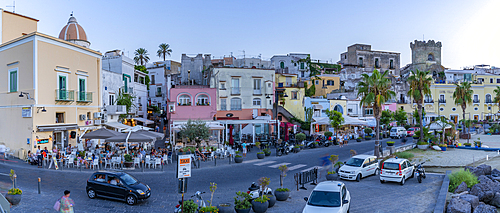 View of cafes and bars on Via Marina at sunset, Forio, Island of Ischia, Campania, Italy, Europe