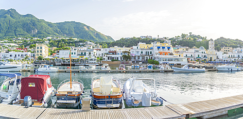 View of harbour boats and town of Lacco Ameno, Island of Ischia, Campania, Italy, Europe