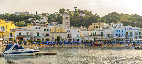 View of beach and town of Lacco Ameno, Island of Ischia, Campania, Italy, Europe