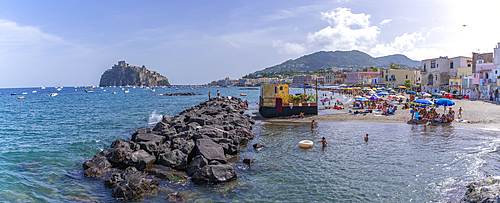 View of Miramare e Castello beach and Aragonese Castle in background, Port of Ischia, Island of Ischia, Campania, Italy, Europe