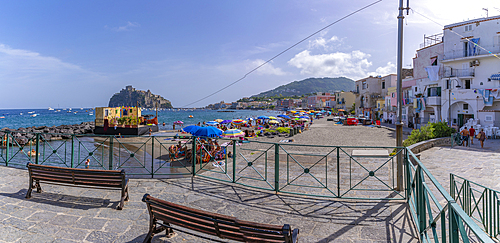 View of Miramare e Castello beach and Aragonese Castle in background, Port of Ischia, Island of Ischia, Campania, Italy, Europe