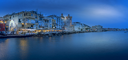 View of Duomo di Santa Maria Assunta and coastline at dusk, Port of Ischia, Island of Ischia, Campania, Italy, Europe