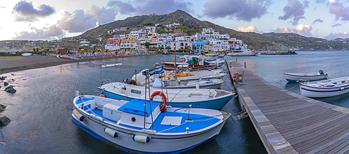 View of Sant'Angelo from Porto di Sant'Angelo at sunset, Sant'Angelo, Island of Ischia, Campania, Italy, Europe