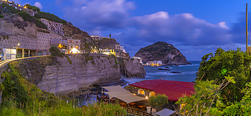 View of Torre di Sant'Angelo from elevated position in Sant'Angelo at dusk, Sant'Angelo, Island of Ischia, Campania, Italy, Europe