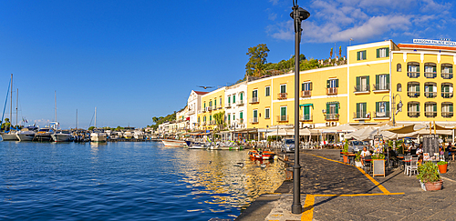 View of boats and restaurants in Porto d'Ischia (Port of Ischia), Island of Ischia, Campania, Italy, Europe