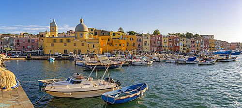 View of Church of Santa Maria della Pieta in the fishing port Marina Grande with boats at golden hour, Procida, Phlegraean Islands, Gulf of Naples, Campania, Southern Italy, Italy, Europe