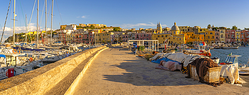 View of Church of Santa Maria della Pieta in the fishing port Marina Grande with boats at golden hour, Procida, Phlegraean Islands, Gulf of Naples, Campania, Southern Italy, Italy, Europe