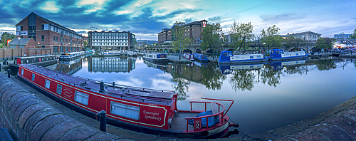 View of canal boats at Victoria Quays at dusk, Sheffield, South Yorkshire, England, United Kingdom, Europe