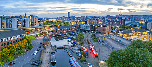 Aerial view of Victoria Quays and Sheffield city skyline at dusk, Sheffield, South Yorkshire, England, United Kingdom, Europe