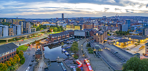 Aerial view of Victoria Quays and Sheffield city skyline at dusk, Sheffield, South Yorkshire, England, United Kingdom, Europe