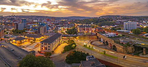 Aerial view of Sheffield city skyline at dusk, Sheffield, South Yorkshire, England, United Kingdom, Europe