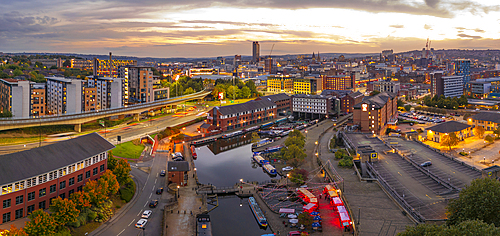 Aerial view of Victoria Quays and Sheffield city skyline at dusk, Sheffield, South Yorkshire, England, United Kingdom, Europe