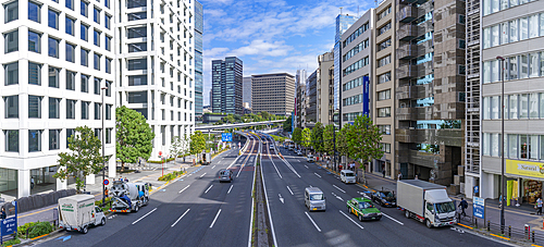 View of traffic and highrise buildings in the Akasaka District of Minato, Minato City, Tokyo, Honshu, Japan