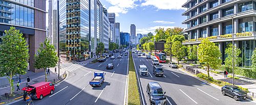 View of traffic and highrise buildings in the Akasaka District of Minato, Minato City, Tokyo, Honshu, Japan