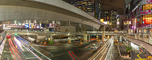 View of buildings and trail lights around Shibuya Station area at night, Shibuya District, Kamiyamacho, Shibuya City, Tokyo, Japan, Asia