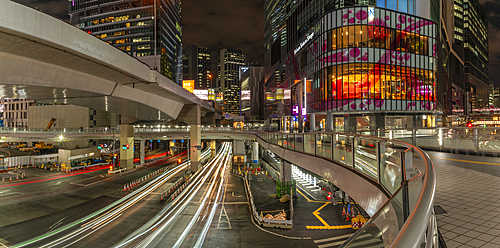 View of buildings and trail lights around Shibuya Station area at night, Shibuya District, Kamiyamacho, Shibuya City, Tokyo, Japan, Asia