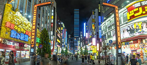 View of Kabukicho neon lit street and crossings at night, Shinjuku City, Kabukicho, Tokyo, Honshu, Japan