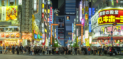 View of Godzilla's head and Kabukicho neon lit street at night, Shinjuku City, Kabukicho, Tokyo Japan, Asia