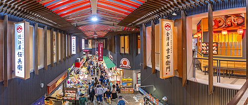 Elevated view of stalls and people in Omicho Market, Kanazawa City, Ishikawa Prefecture, Honshu, Japan