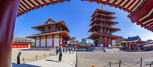 View of Shitenno-ji Gojunoto (Five Story Pagoda) on a sunny day, Shitennoji, Tennoji Ward, Osaka, Honshu, Japan