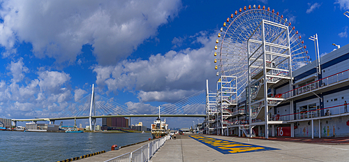 View of Tempozan Harbor Village and ferris wheel, Kaigandori, Minato Ward, Osaka, Japan, Asia