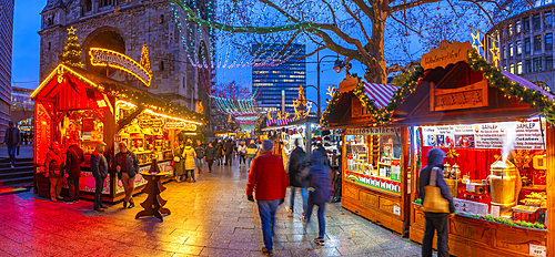 View of Kaiser Wilhelm Memorial Church and market stalls at Christmas, Breitscheidplatz, Berlin, Germany, Europe