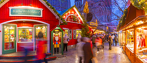 View of Kaiser Wilhelm Memorial Church and market stalls at Christmas, Breitscheidplatz, Berlin, Germany, Europe