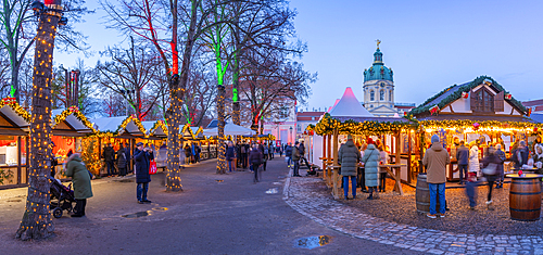 View of Christmas market at Charlottenburg Palace in Schloss Charlottenburg at dusk, Berlin, Germany, Europe