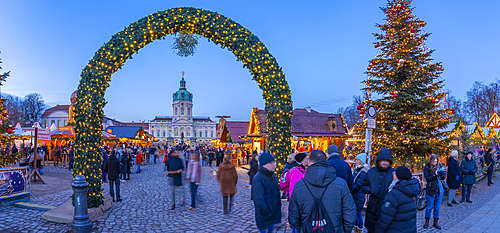 View of Christmas market at Charlottenburg Palace in Schloss Charlottenburg at dusk, Berlin, Germany, Europe