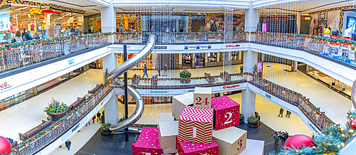 View of interior of the Mall of Berlin at Christmas, Mitte, Berlin, Germany, Europe