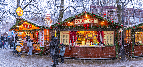 View of Christmas market during winter at dusk, Stortingsparken, Oslo, Norway, Scandinavia, Europe