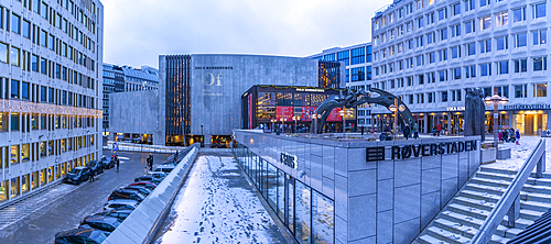 View of Oslo Concert Hall and Turid Angell Eng sculpture in Johan Svendsens Plass during winter, Oslo, Norway, Scandinavia, Europe