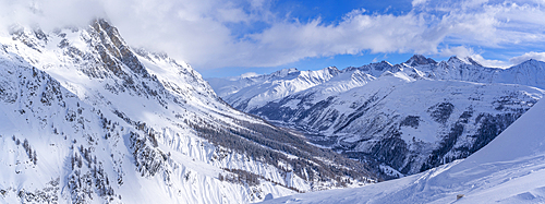 View of snow covered Aosta Valley from Pavillon du Mont Fréty in winter, Courmayeur, Aosta Valley, Italy, Europe