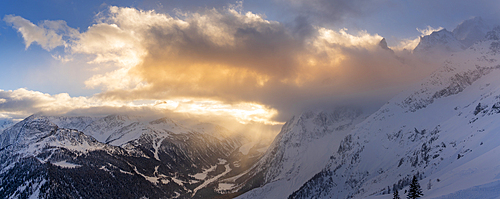 View of snow covered Aosta Valley and mountains from Pavillon du Mont Fréty in winter, Courmayeur, Aosta Valley, Italy, Europe