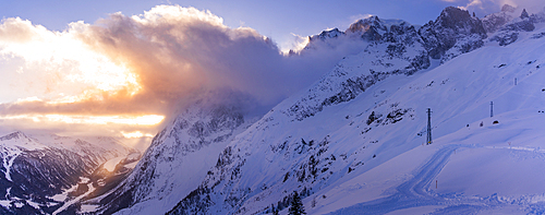 View of snow covered Aosta Valley and mountains from Pavillon du Mont Fréty in winter, Courmayeur, Aosta Valley, Italy, Europe