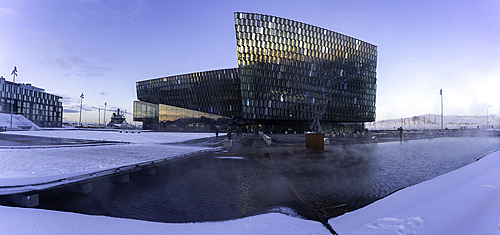 View of Harpa Concert Hall and Conference Centre in the city centre during winter, Reykjavik, Iceland, Europe