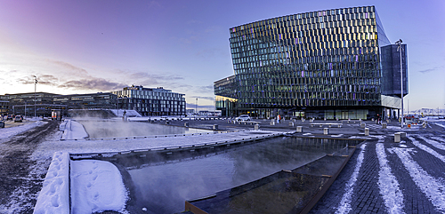 View of Harpa Concert Hall and Conference Centre in the city centre during winter, Reykjavik, Iceland, Europe