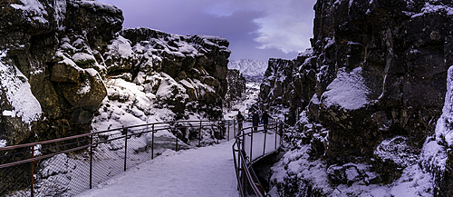 View of continental drift between the North American and Eurasian tectonic plates in Thingvellir National Park during winter, Western Region, Iceland, Europe