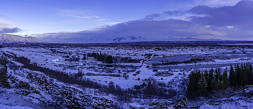 View of continental drift between the North American and Eurasian tectonic plates in Thingvellir National Park during winter, Western Region, Iceland, Europe