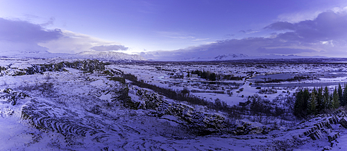 View of continental drift between the North American and Eurasian tectonic plates in Thingvellir National Park during winter, Western Region, Iceland, Europe